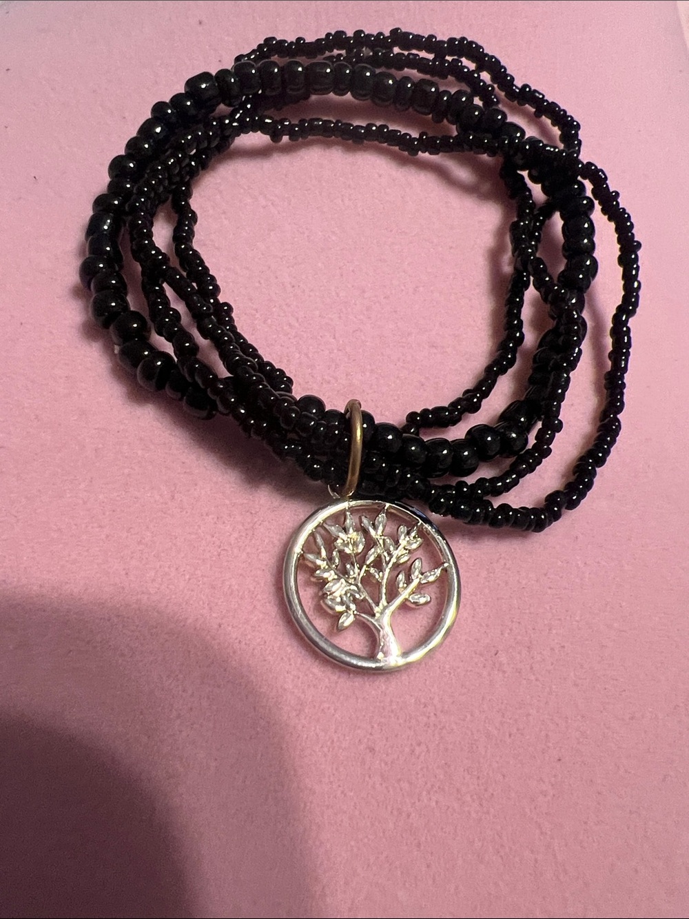 Black Beaded Wrap Bracelet with Tree of Life Pendant